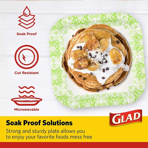 Glad Square Heavy Duty Paper Plates, Soak Proof and Cut Proof Disposable Plates for Parties and Everyday Meals, Microwaveable for Easy Serving, Green Victorian Pattern, 10 Inch, 50 Count - 6 Pack