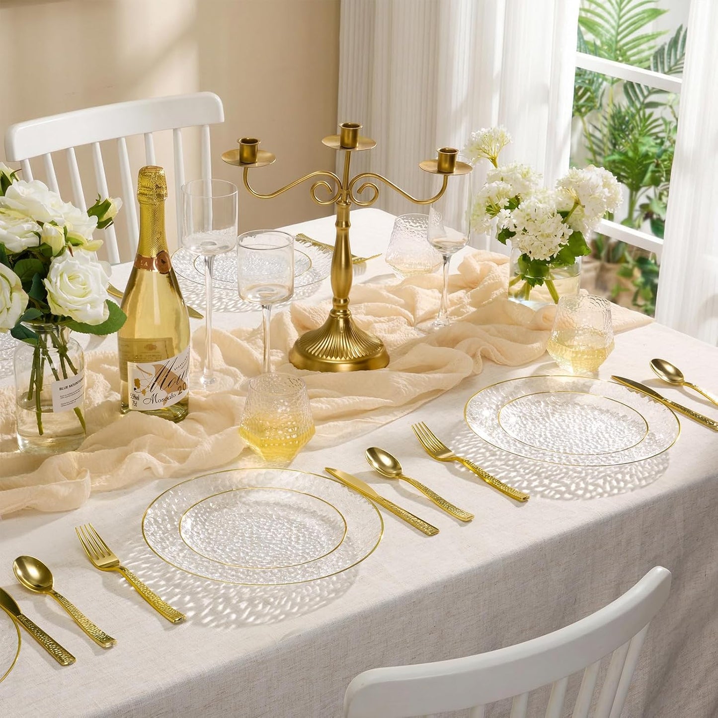 Regine Switzerland Crystal Clear Plastic Plates - Elegant Gold Rim Disposable Dinnerware Set | 50 Pcs (25 Dinner & 25 Salad Plates) for Parties & Weddings