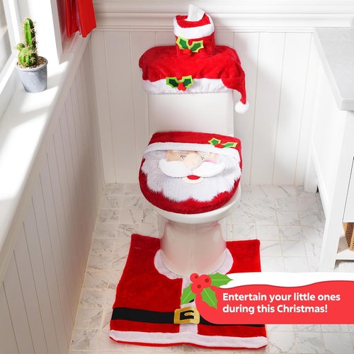 JOYIN Christmas Bathroom Decoration Set - 5 Pieces with Toilet Seat Cover, Rugs, Tank Cover & Santa Towel