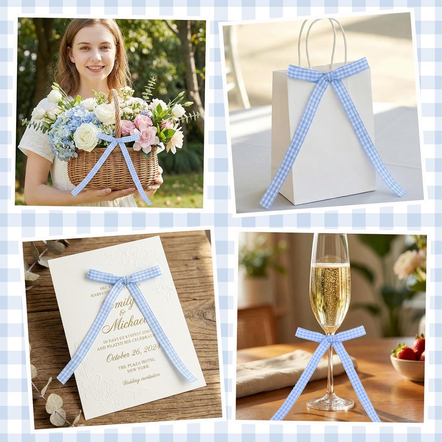 Skiennix 30 Pack Bow Cake Toppers - Blue Gingham Ribbons for Birthday & Baby Shower Decor