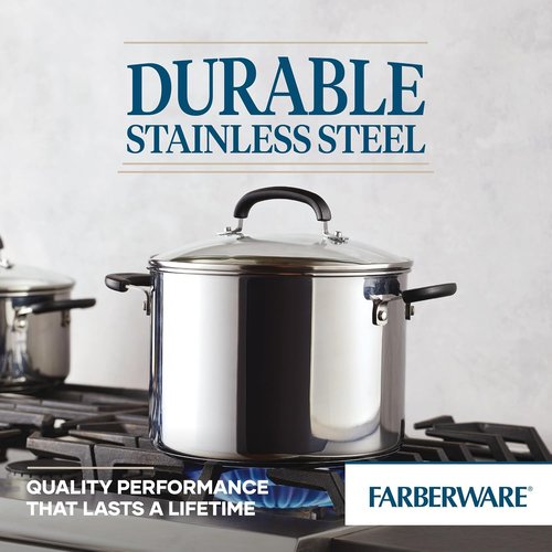 Farberware Brilliance 8 Quart Stainless Steel Stockpot - Induction Ready with Glass Lid, Dishwasher Safe