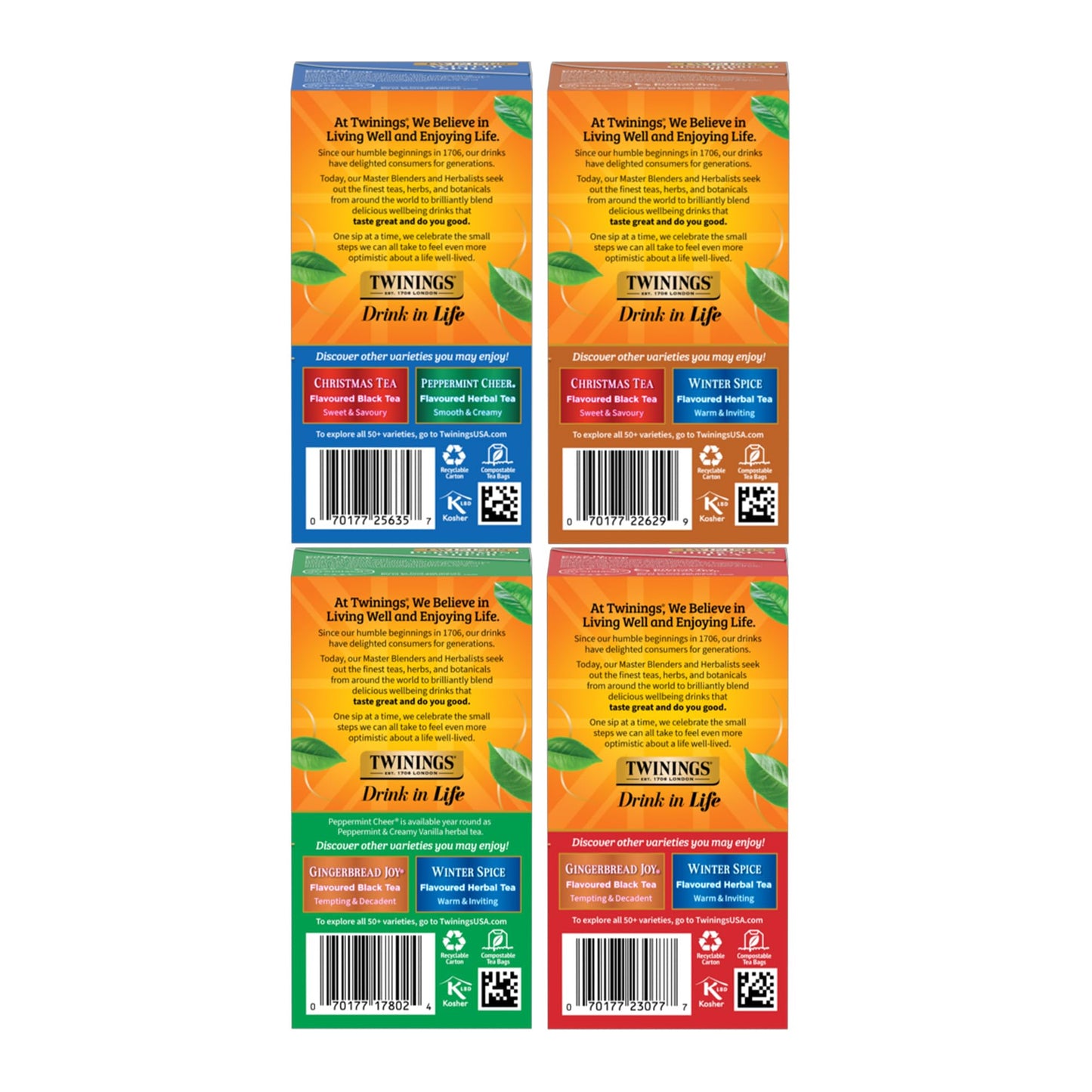 Twinings Holiday Variety Pack Tea Bags, Christmas Tea, Winter Spice, Gingerbread Joy, Peppermint Cheer, 20 Count (Pack of 4), Enjoy Hot or Iced, 80 Teabags