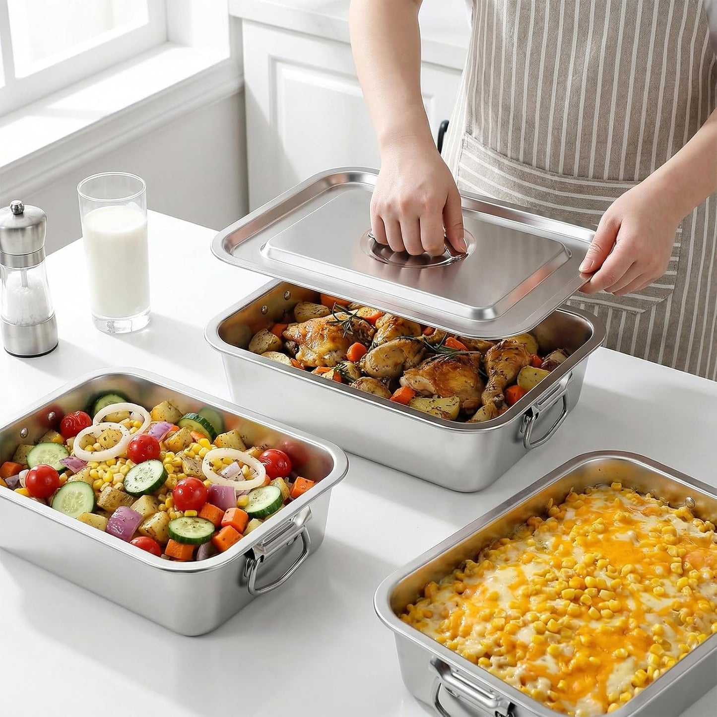 Skiennix 4 Inch Extra Deep Lasagna Pan - Stainless Steel Baking Dish with Lid & Handles | 14x10.6 Inch