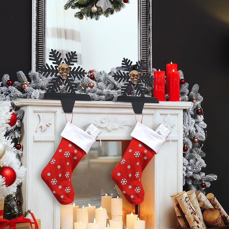 2 Pack Gothic Stocking Holder, Black Snowflake Skull Mantel Hangers - Variation: 2+Snowflake