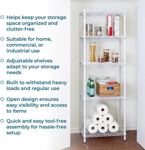 Honey-Can-Do Heavy-Duty 5-Tier Metal Storage Rack - Adjustable Shelves | 250 lb Capacity, White, 18" W x 24" L x 72" H