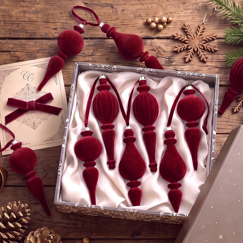 Jetec 12 Pcs Red Velvet Christmas Ornaments with 3 Styles – Flocked Holiday Tree Decorations, Burgundy