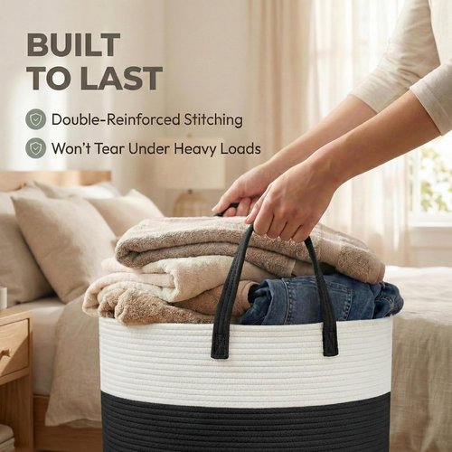 JMvicyroam 65L Extra Large Blanket Basket - Woven Cotton Rope Laundry Hamper with Handles | Machine Washable, White & Black