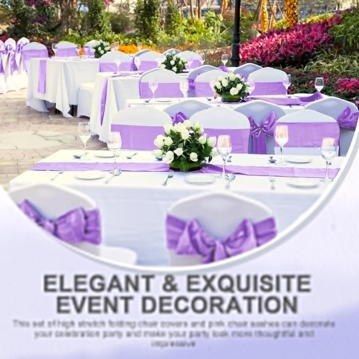 Lounsweer Folding Chair Cover Set - 50 Pcs with Stretch Spandex Slipcovers & Satin Sashes | White & Lavender