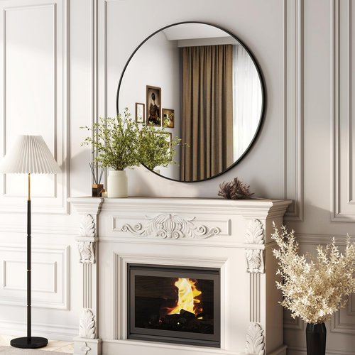 32 Inch Round Bathroom Mirror - Black Wall Mounted Circle Mirror with Metal Frame, Modern Round Hanging Mirror Suitable for Bathroom, Vanity, Entryway, Living Room