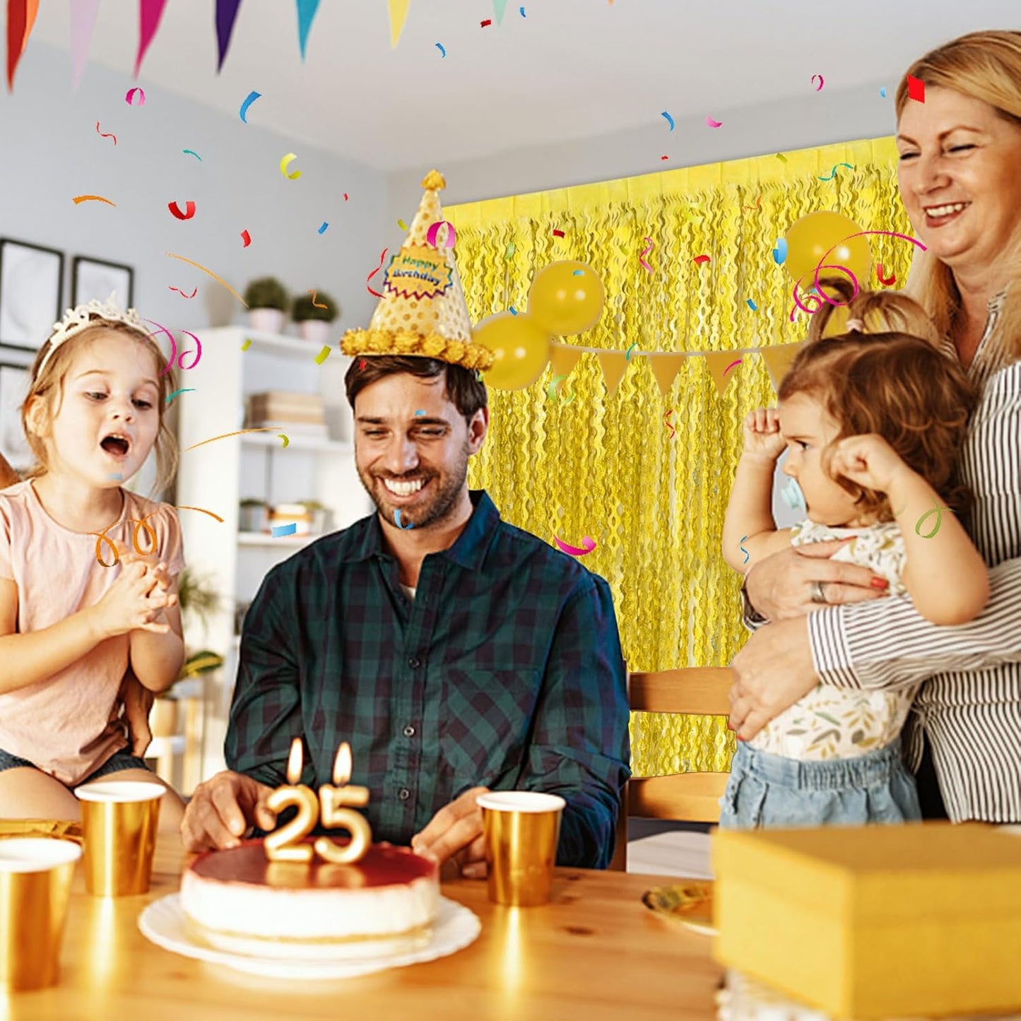 Skiennix Gold Fringe Curtain Backdrop - Tinsel Streamers for Birthday & Graduation Parties | 2 Pack