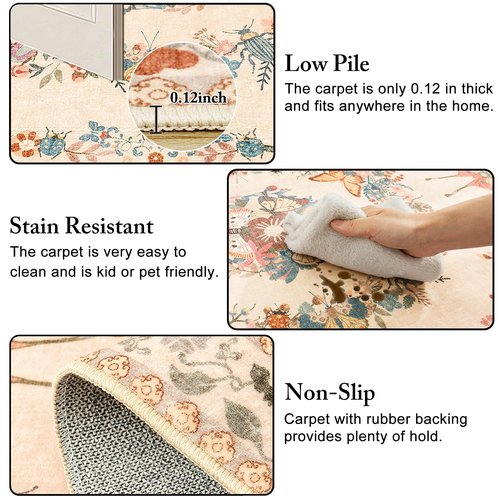 6x9 Washable Butterfly Print Area Rug for Living Room, Soft Low Pile Stain Resistant Beige Large Carpet for Bedroom Nursery Home Decor, Non-Slip & Easy Care Modern Indoor Throw Rug with Rubber Backing