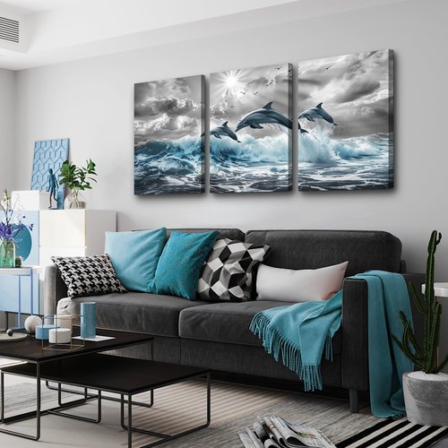 DZRWUBHS Canvas Wall Decor For Living Room Large Wall Art For Bedroom Black And White Wall Pictures Blue Sea Wave Dolphins Wall Paintings Artwork Office Decoration Posters Modern Home Decor 3 Piece