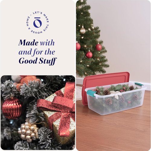 HOMZ 6-Pack Holiday Tote | Clear/Red Plastic Storage Bins with Lids - 64 Quart Stackable Organizers for Home & Office