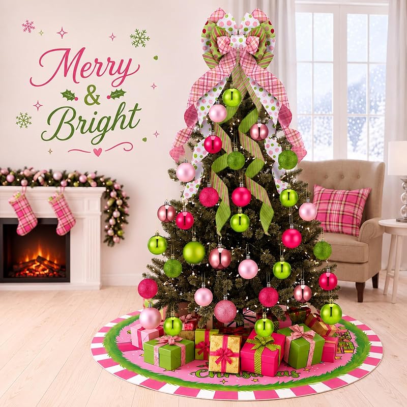 Gejoy 32 Pcs Pink & Lime Green Christmas Tree Decoration Set - Variation: Pink Green Christmas