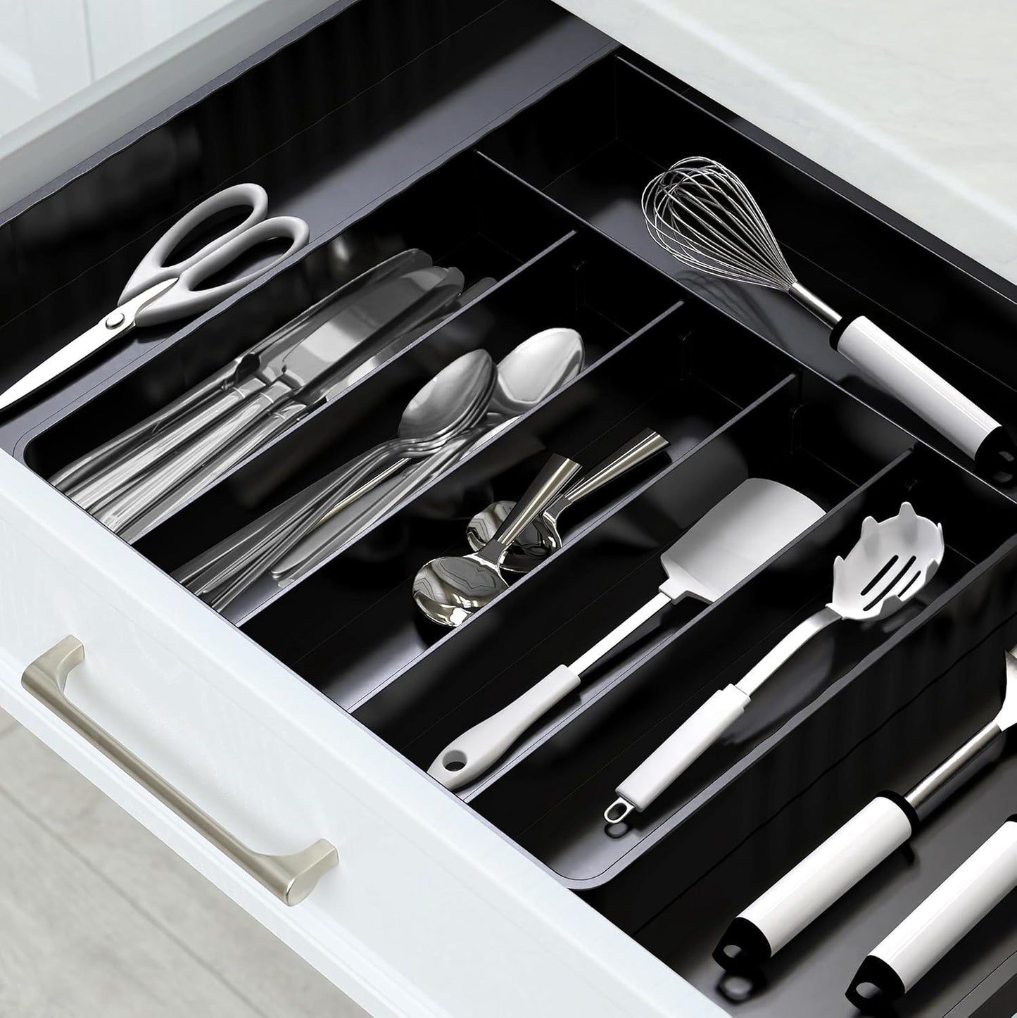 Simple Houseware Flatware Organizer - Adjustable Black Kitchen Drawer Tray with 9 Compartments