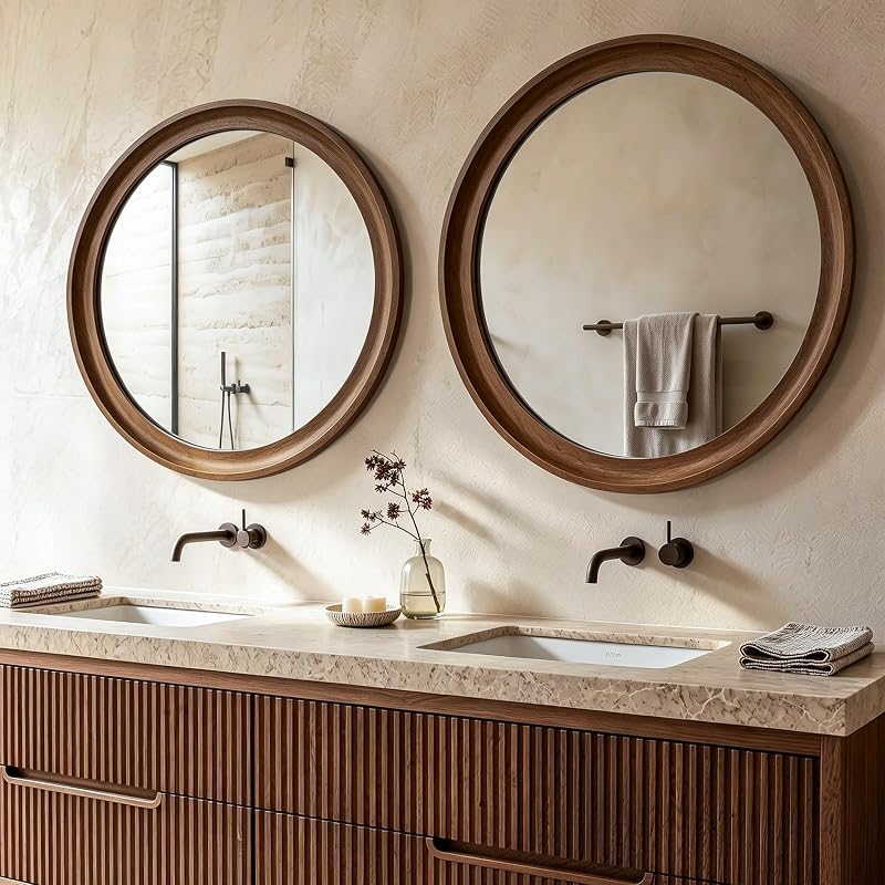 Round Wood Mirror 28" Circle Mirror with Walnut Frame - Contemporary Wall Decor
