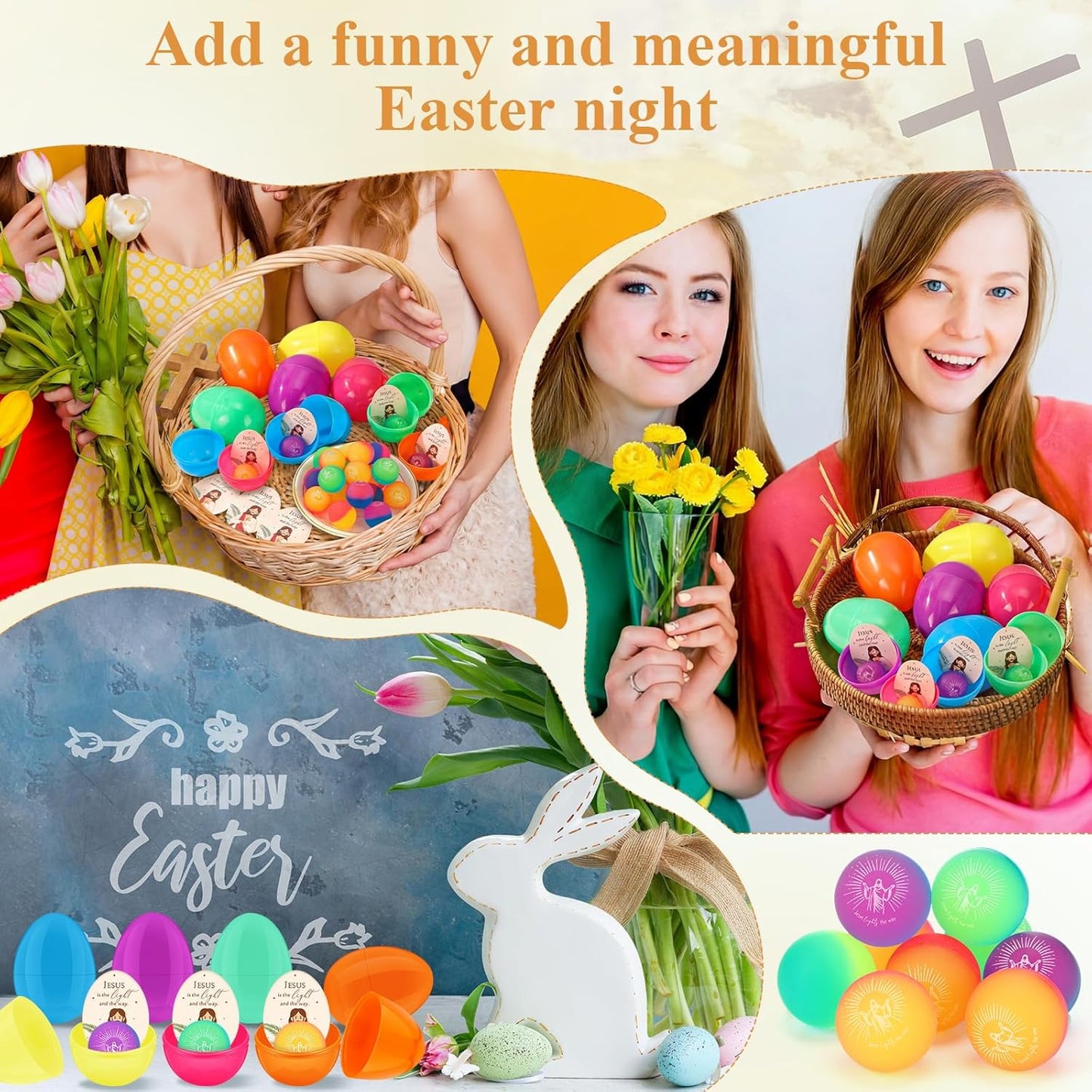 Wettarn 36-Piece Christian Easter Egg Set - Jesus is the Light Bouncy Balls & Cards for Basket Stuffers