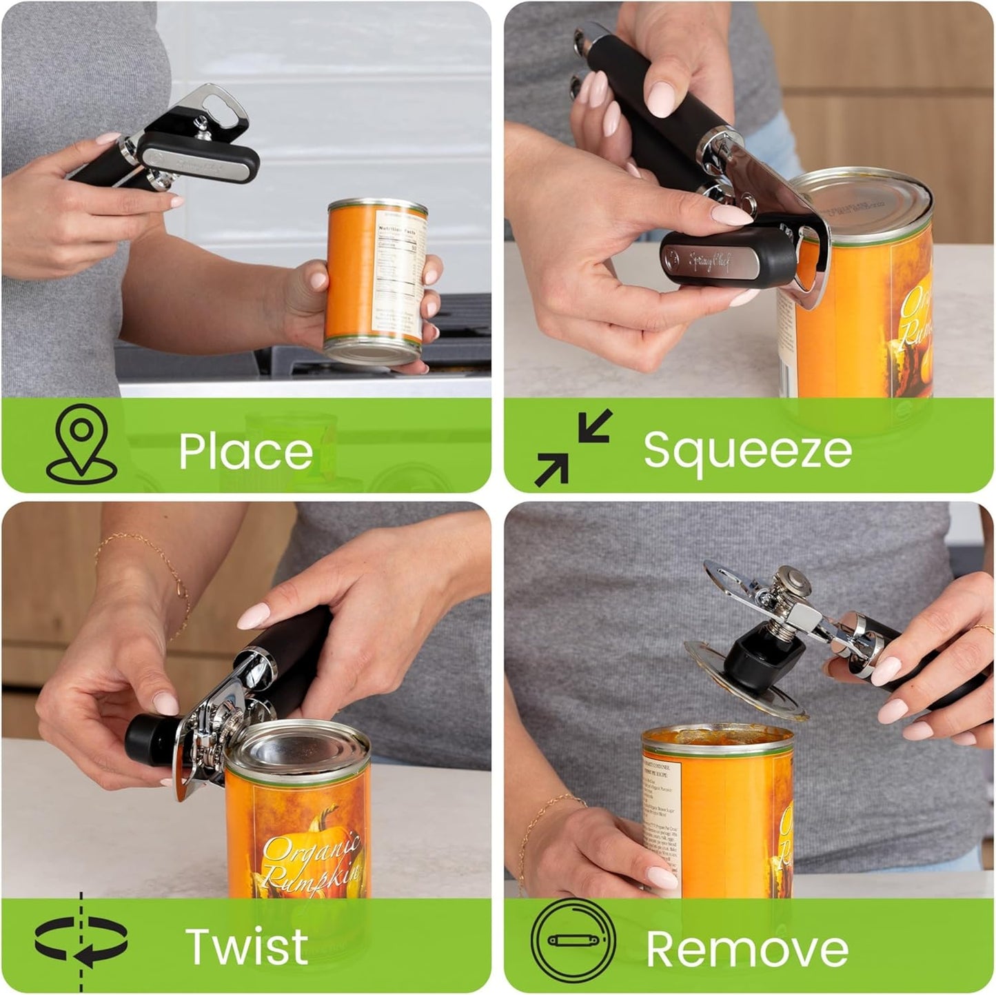 Spring Chef Stainless Steel Can Opener - Heavy Duty Manual Design with Soft Grip Handles - Black