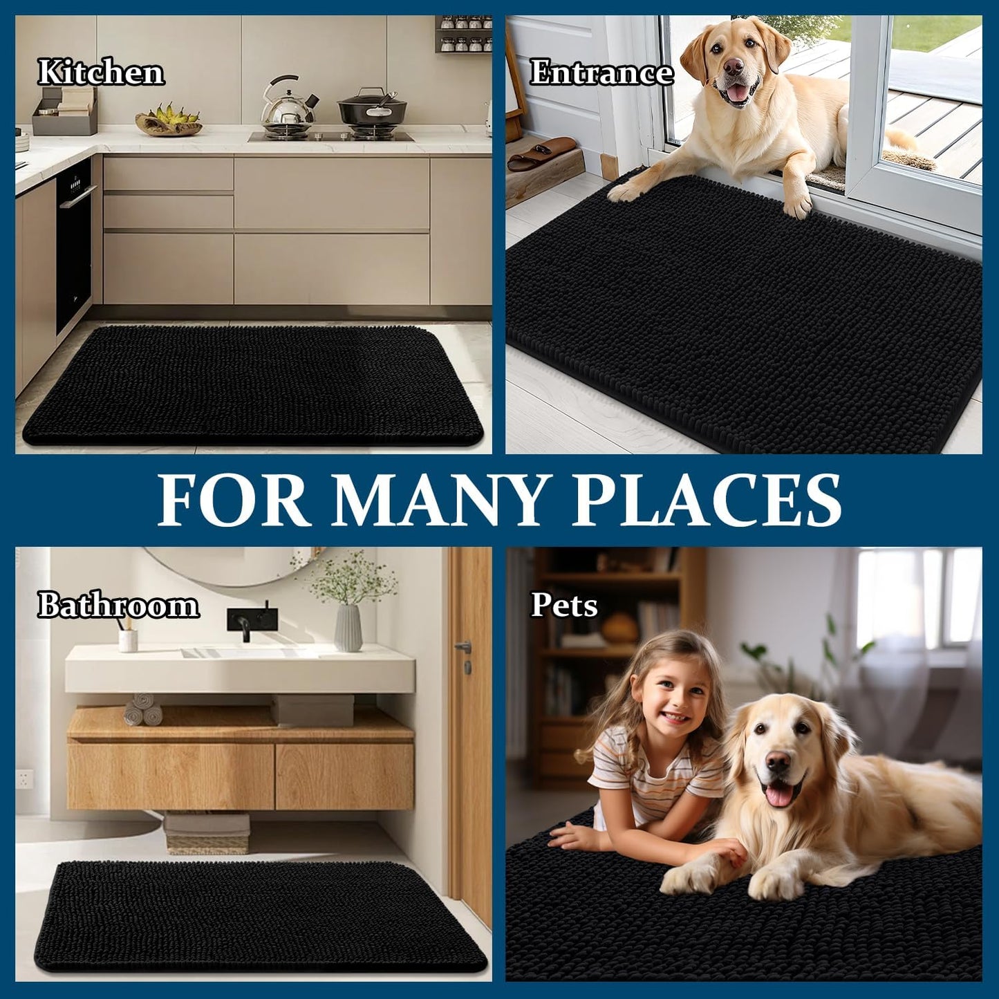 OLANLY Dog Door Mat - Absorbent Non-Slip Chenille Mat for Muddy Paws | 36x24, Quick Dry, Black