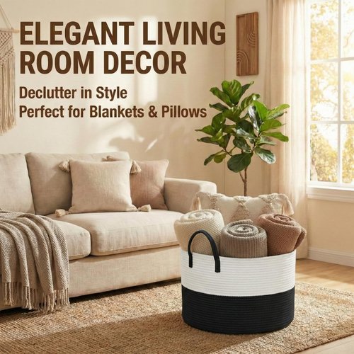 JMvicyroam 65L Extra Large Blanket Basket for Living Room - Woven Cotton Rope Laundry Hamper with Reinforced Handles - Storage Bin for Pillows, Comforters & Toys - Machine Washable,White&Black