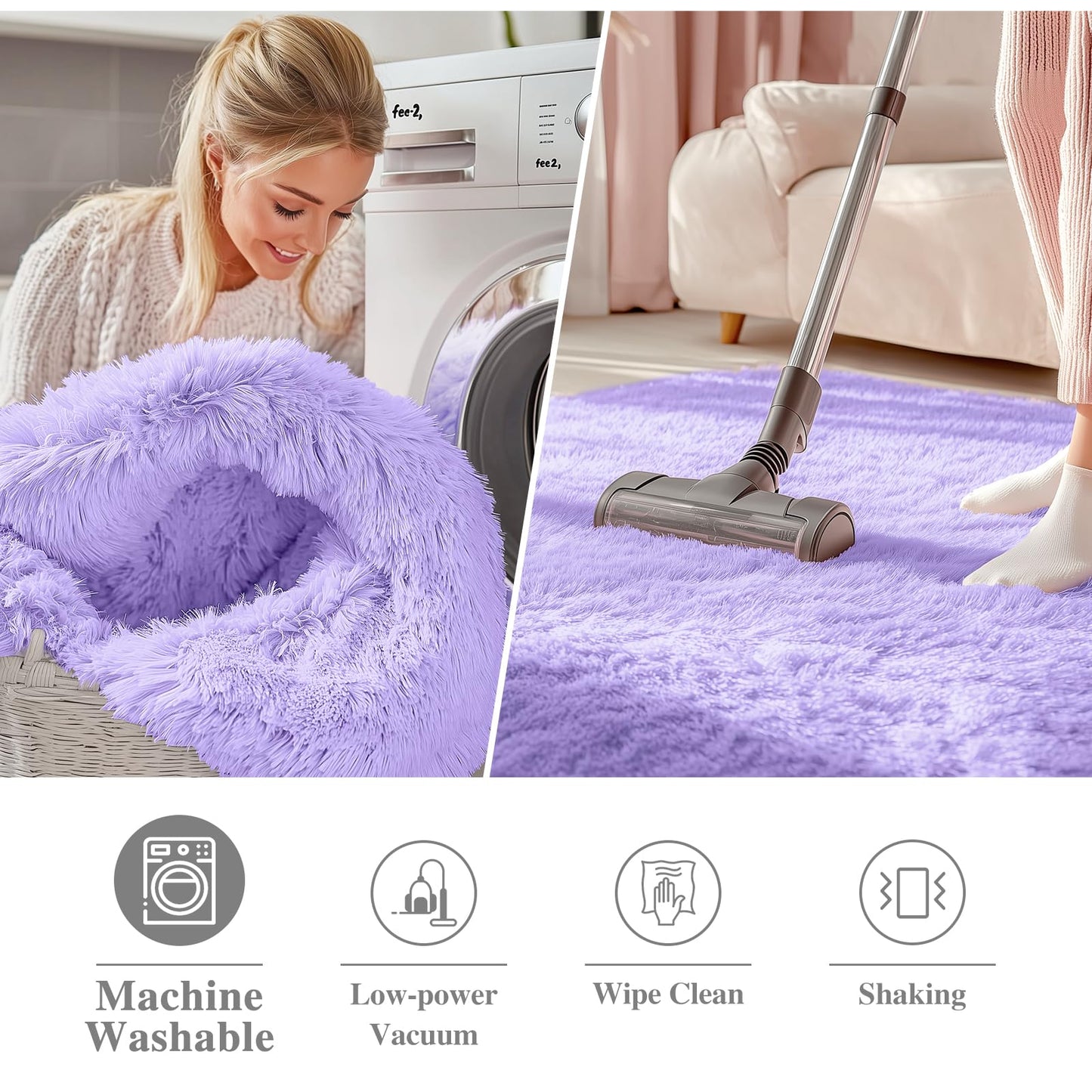 OLANLY Light Purple Round Rugs for Bedroom - Machine Washable, 2 ft Circle Area Rugs for Living Room, Soft and Fluffy Shaggy Carpet for Teen Girls and Boys, Nursery Rooms, Dorms, Home Decor Aesthetic