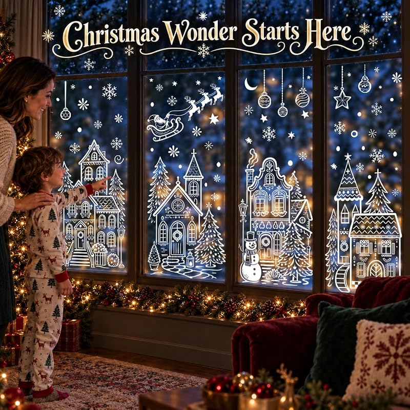 Christmas Village Window Clings – 4 Sheets 15.59 x 26.97 in Each, Winter White House Decor