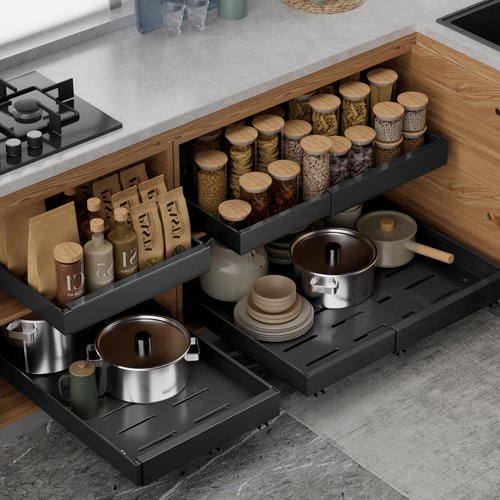 ALANSON 21'' Deep Pull Out Cabinet Organizer Expandable, Pull out Drawers for Cabinets Adhesive with Film, Heavy Duty Sliding Kitchen Organizers and Storage (Black 2 Pcs, 21“Deep)