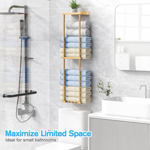 Liuoud Towel Rack - Wall-Mounted Vertical Towel Storage Organizer with Shelf | Holds 6 Large Bath Sheets - Gold