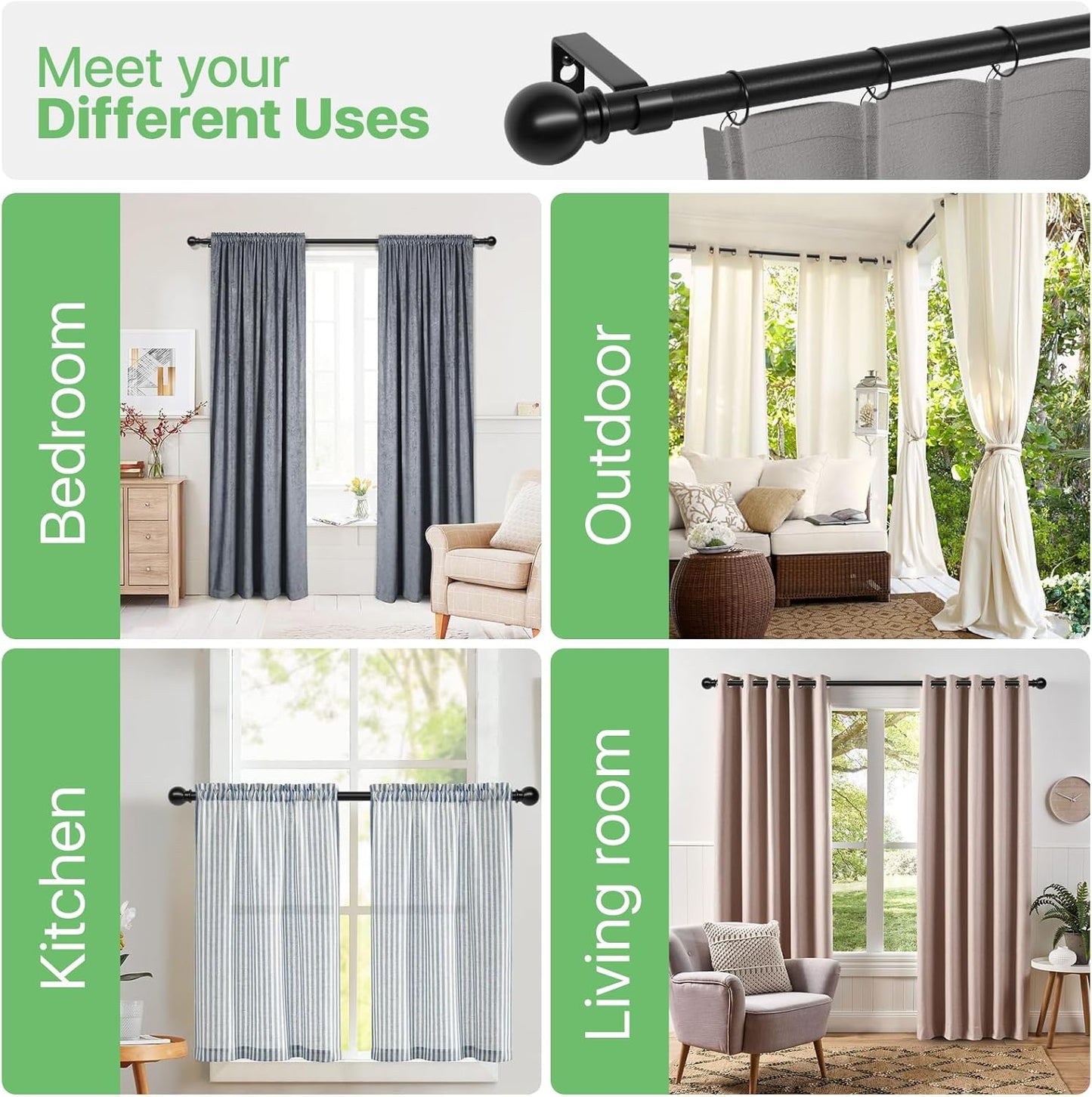 Skiennix Black Curtain Rod Set - Adjustable 28 to 48 Inch Metal Drapery Rod with Brackets | Matte Finish