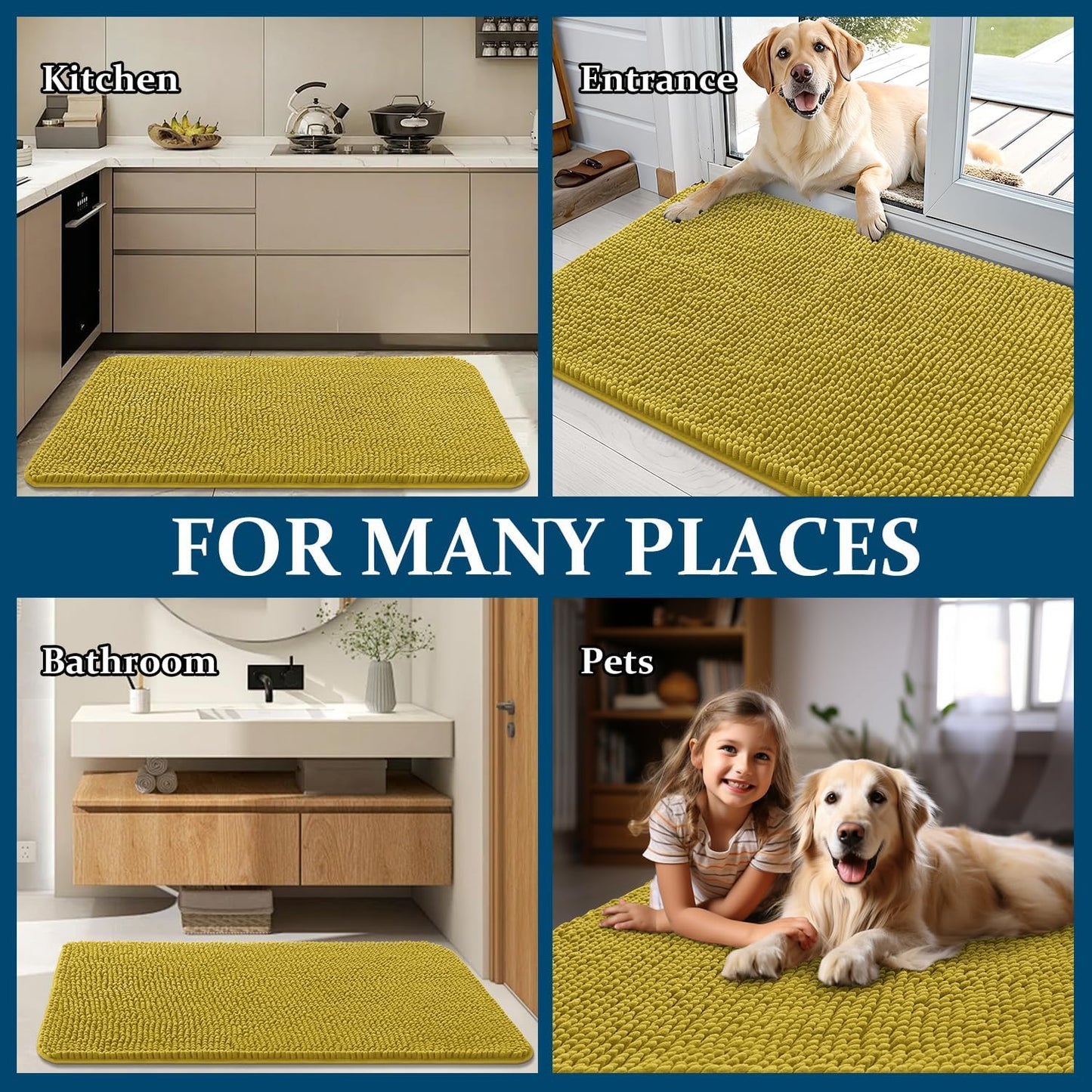 OLANLY Dog Door Mat - Absorbent Non-Slip Mud Mat for Muddy Paws | 36x24 Mustard Yellow Indoor Carpet