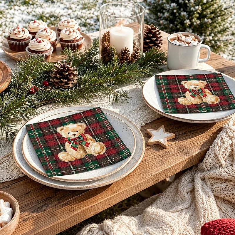 Whaline Red Green Plaid Bear Paper Napkins 50ct - 13x13in Luncheon, Baby Shower & Christmas Theme