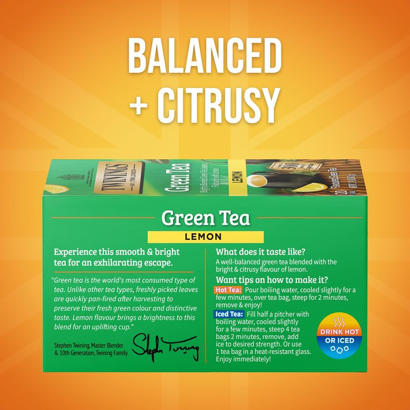 Twinings Green Tea with Lemon Individually Wrapped Bags, 20 Count (Pack of 6), Zesty Citrus Aroma & Flavour, Caffeinated, Enjoy Hot or Iced, 120 Teabags