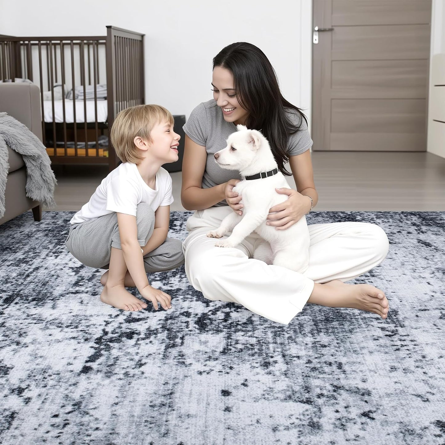 Skiennix 5x7 Area Rug - Washable Modern Abstract Soft Indoor Carpet | Non-Slip & Stain Resistant - Black