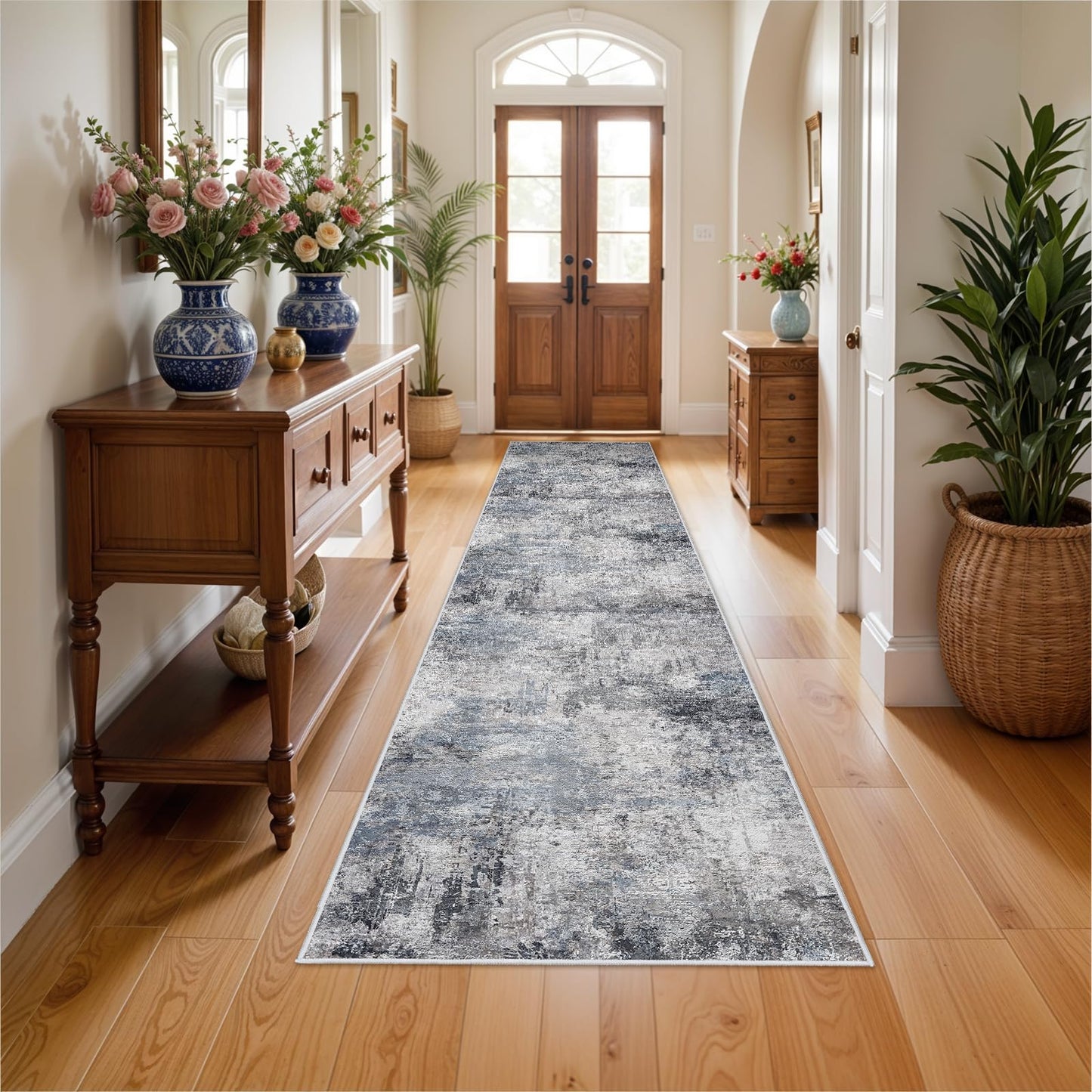 RUUGME Hallway 3x12 Runner Rug - Runner Rug Stain Resistant for Living Room Non Slip Indoor Entryway Rubber Backing Carpet Bedroom Kitchen Distressed Floor Decor Mat Machine Washable 3x12 Blue