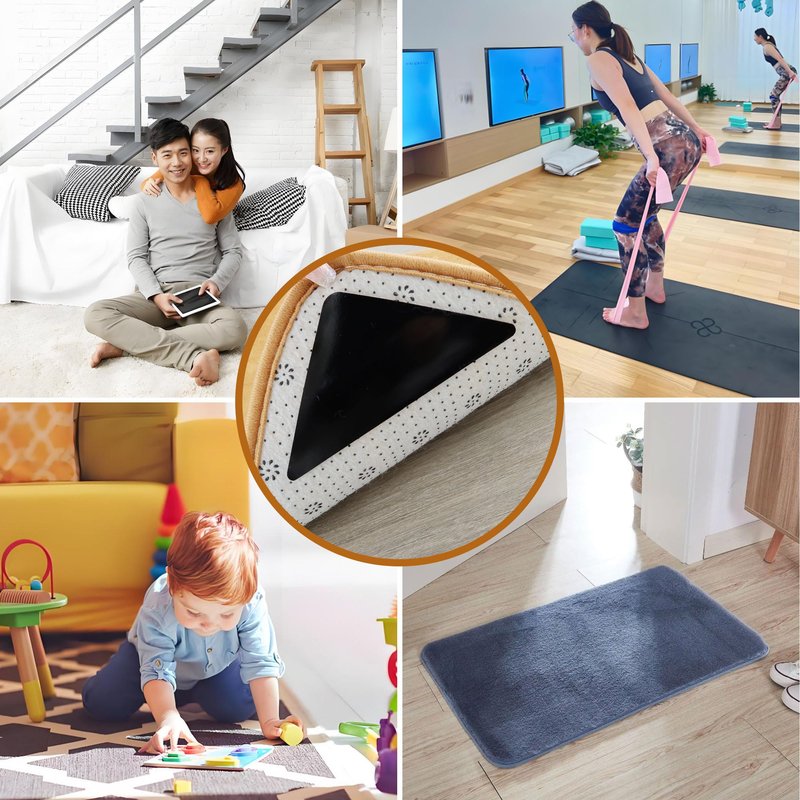 Rug Tape Grippers for Hardwood Floors, 8 Pcs Non Slip Double Sided Rug Pads – Reusable Washable Carpet Grippers, No Residue Removable Corner Holders for Area Rugs, Tile, Laminate, Vinyl, Marble