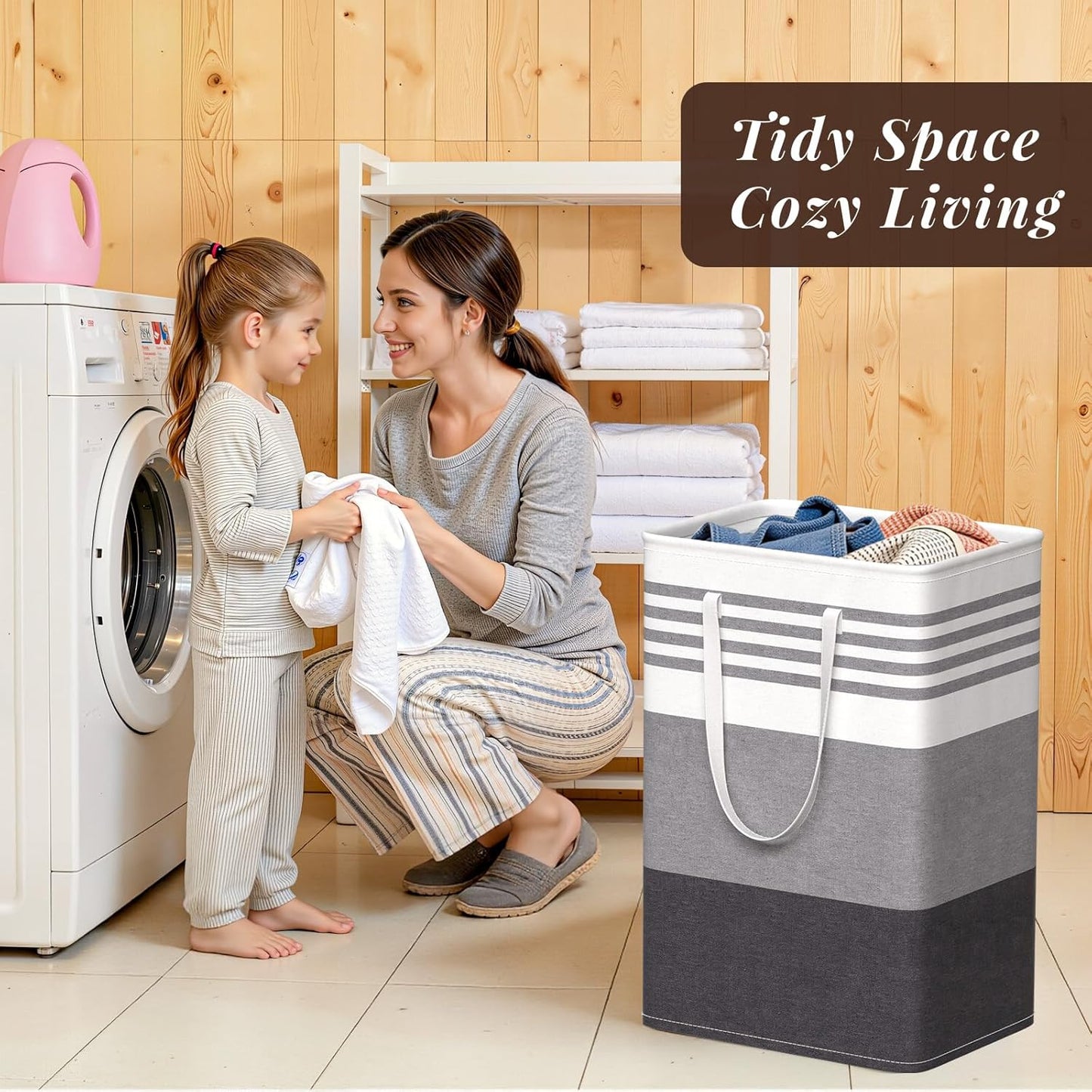 WOWBOX Laundry Baskets - 2 Pack Freestanding Hampers with Reinforced Handles | Waterproof Coating, 75L Grey