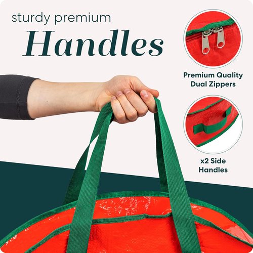 Handy Laundry Wreath Storage Bag - 24 Inch Durable Tarp Container with Zipper & Handles | Protects Holiday Decor, Fits Multiple Wreaths, Red
