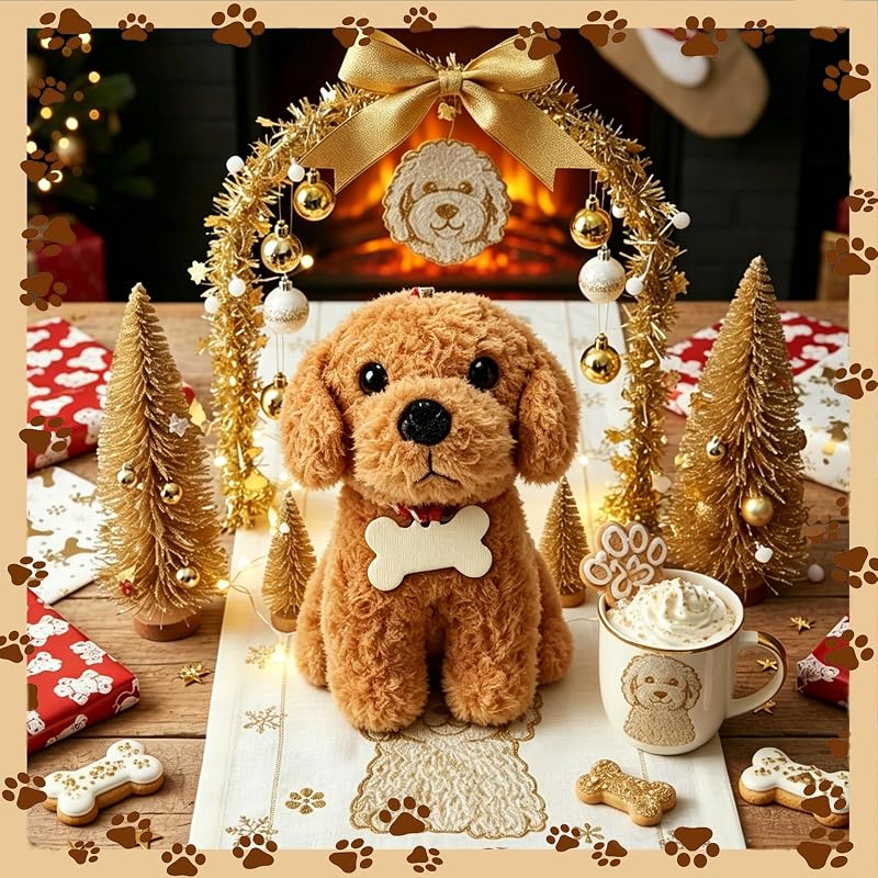 Goldendoodle Christmas Ornament - Plush Curly Dog with Writable Wooden Tag (Variation: Gold)