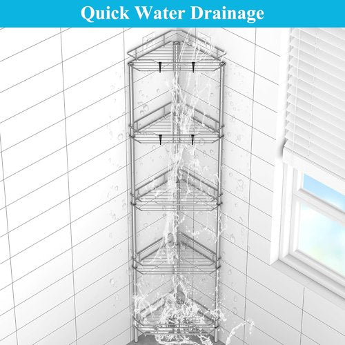 HuggieGems 5-Tier Corner Shower Caddy Organizer - Bathroom Shelf Rack with Hooks, Gray Finish