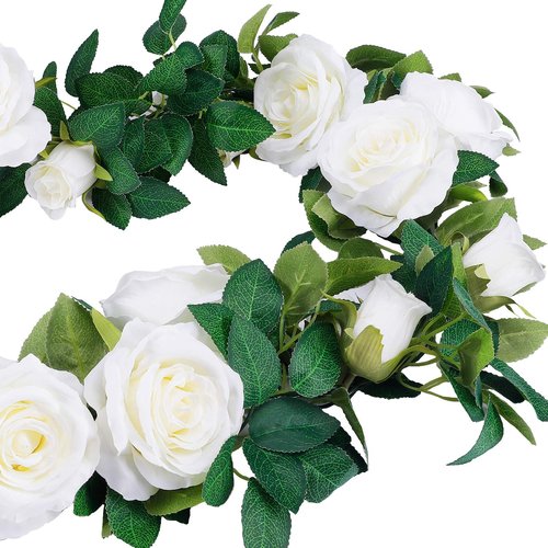 TELDRASSIL 4Pcs(26 FT) Artificial Rose Vine Fake Flower Garland Fake Silk Rose Hanging Vine for Wedding Party Background Arch Garden Background Decoration (White)