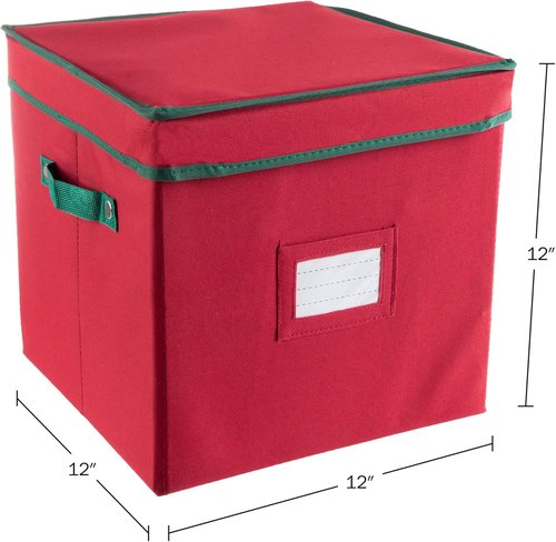 Elf Stor Christmas Decor Storage Box - Red Oxford Canvas Ornament Cube Chest with 64 Compartment Dividers