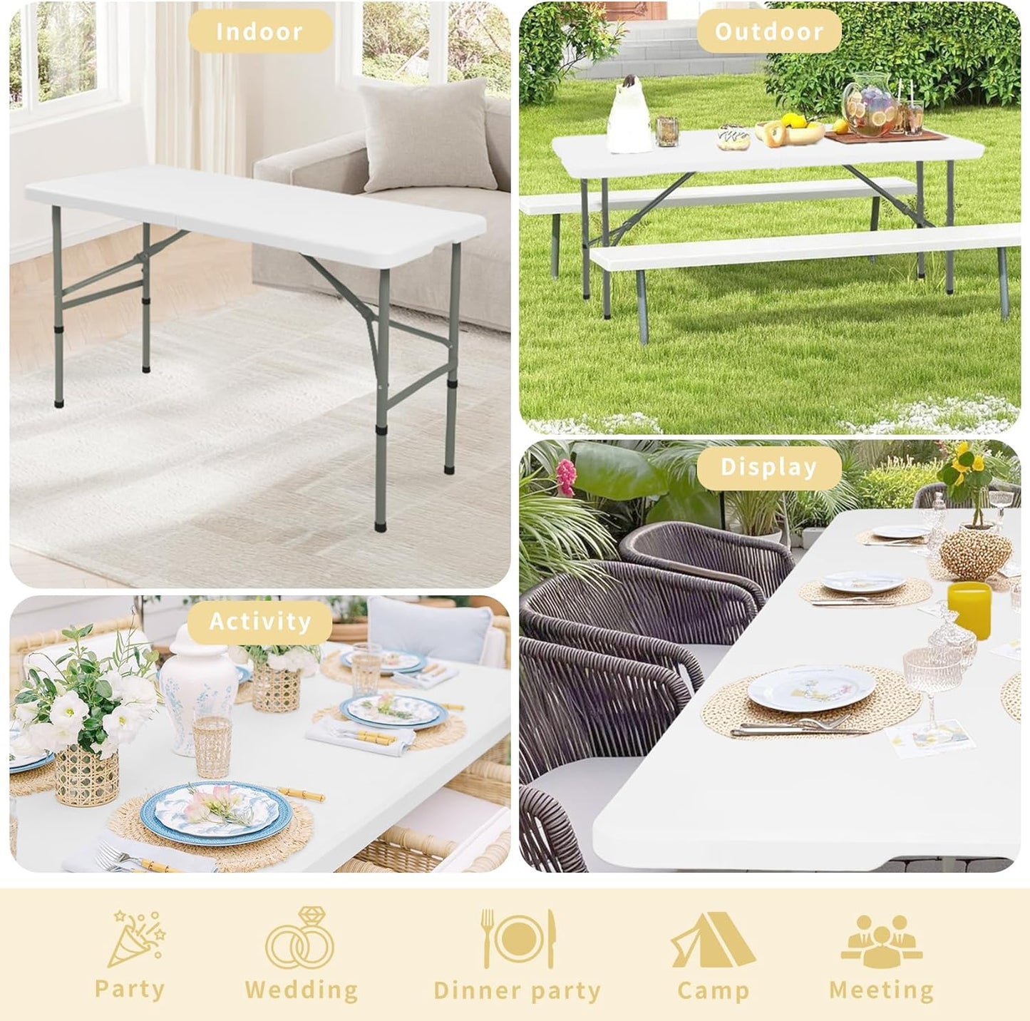 Regine Switzerland 4FT Folding Camping Table - Portable Heavy-Duty Plastic with Steel Legs | Ideal for Indoor & Outdoor Events (White)