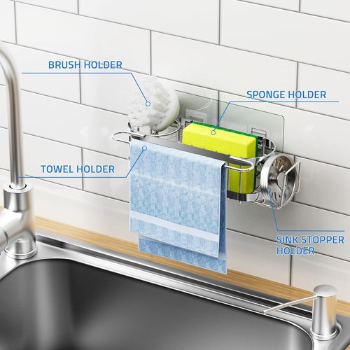 Cisily Silver Kitchen Sink Caddy - Stainless Steel Sponge Holder & Organizer | 2 Installation Options