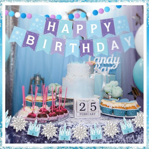 Fanfanwin Snowflake Birthday Banner Set - 5 Pcs Blue Snowflake Design with Felt Castle Decorations