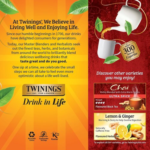 TWININGS 09185 Tea Bags, Chai, 1.76 oz, 25/Box