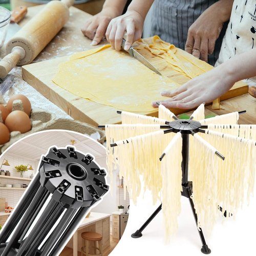 Cambom Pasta Drying Rack - Foldable Plastic Spaghetti Noodle Dryer with 10 Bar Handles | Black