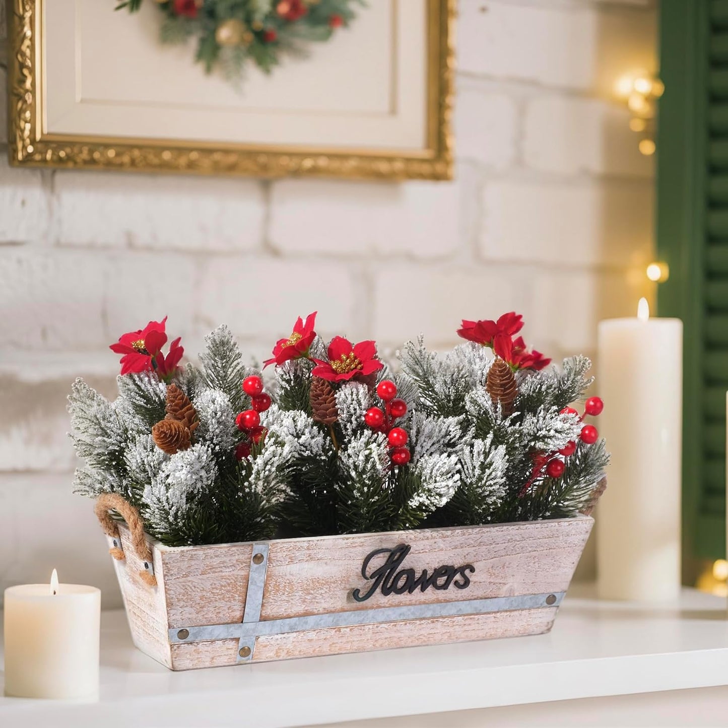 Skiennix Artificial Christmas Centerpiece - Snowy Norfolk Pine Garland with Poinsettias & Berries | Rustic Wood Planter for Holiday Home Decor