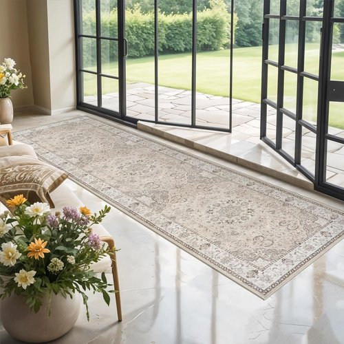 Hallway Washable Runner Rug - Vintage Soft Non-Slip Floor Mat for Kitchen & Entryway | 3x10 Beige