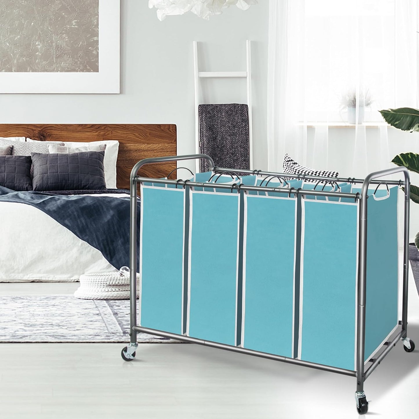 Storage Maniac Laundry Sorter - 4-Section Hamper Cart with Wheels | 47.8 Gal Capacity, Blue