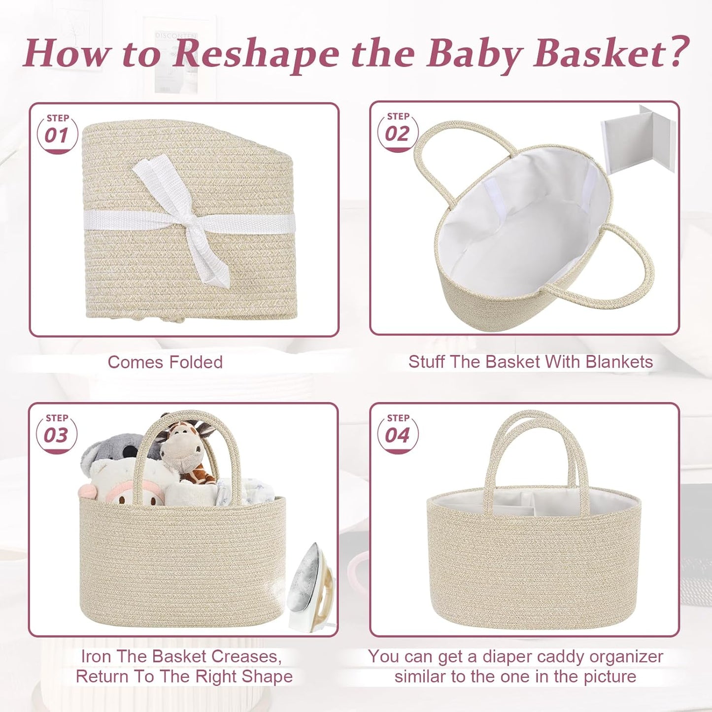Skiennix 19L Baby Diaper Caddy Organizer - Cotton Rope Storage Basket with Removable Divider, Perfect for Nursery & Baby Showers
